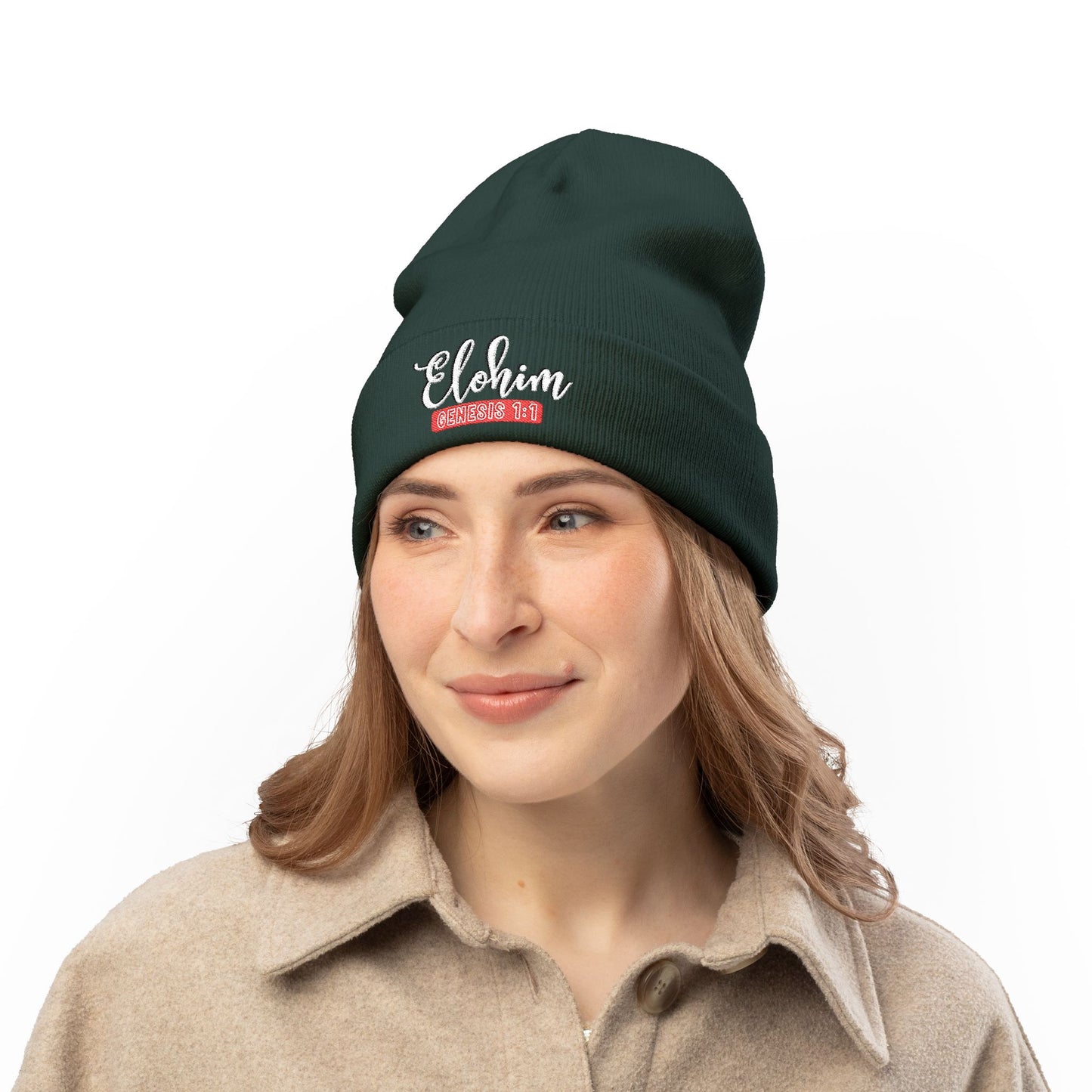 Stylish Knit Beanie with 'ELOHIM, Genesis 1:1' Embroidery, Winter Accessory, Religious Gift, Cozy Beanie Cap, Faith-Inspired Fashion
