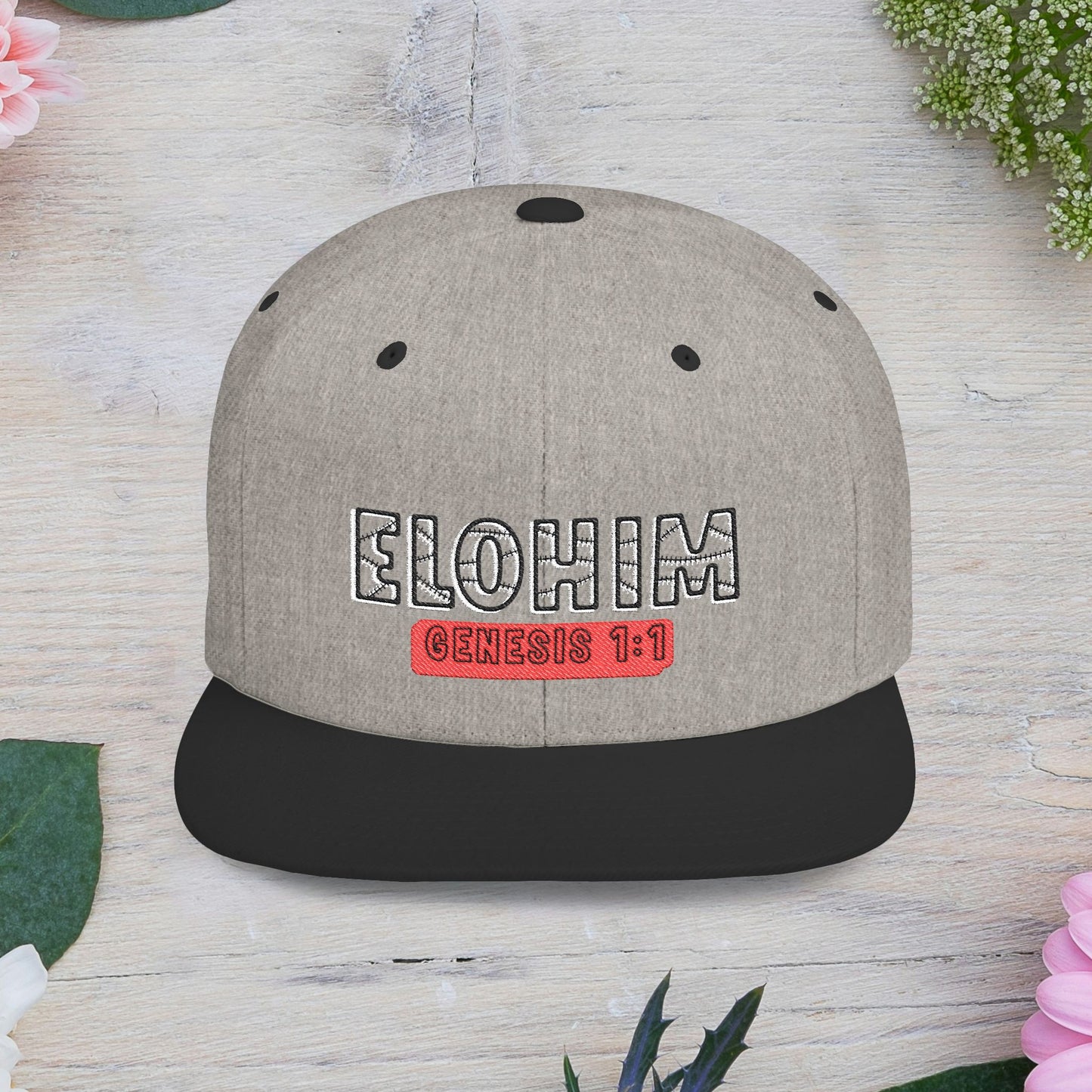Embroidery 'ELOHIM' & 'GENESIS 1:1' Flat Bill Snapback Hat, Stylish Cap for Everyday Wear, Church Events, Gift for Him/Her, Streetwear Accessory, Casual Fashion