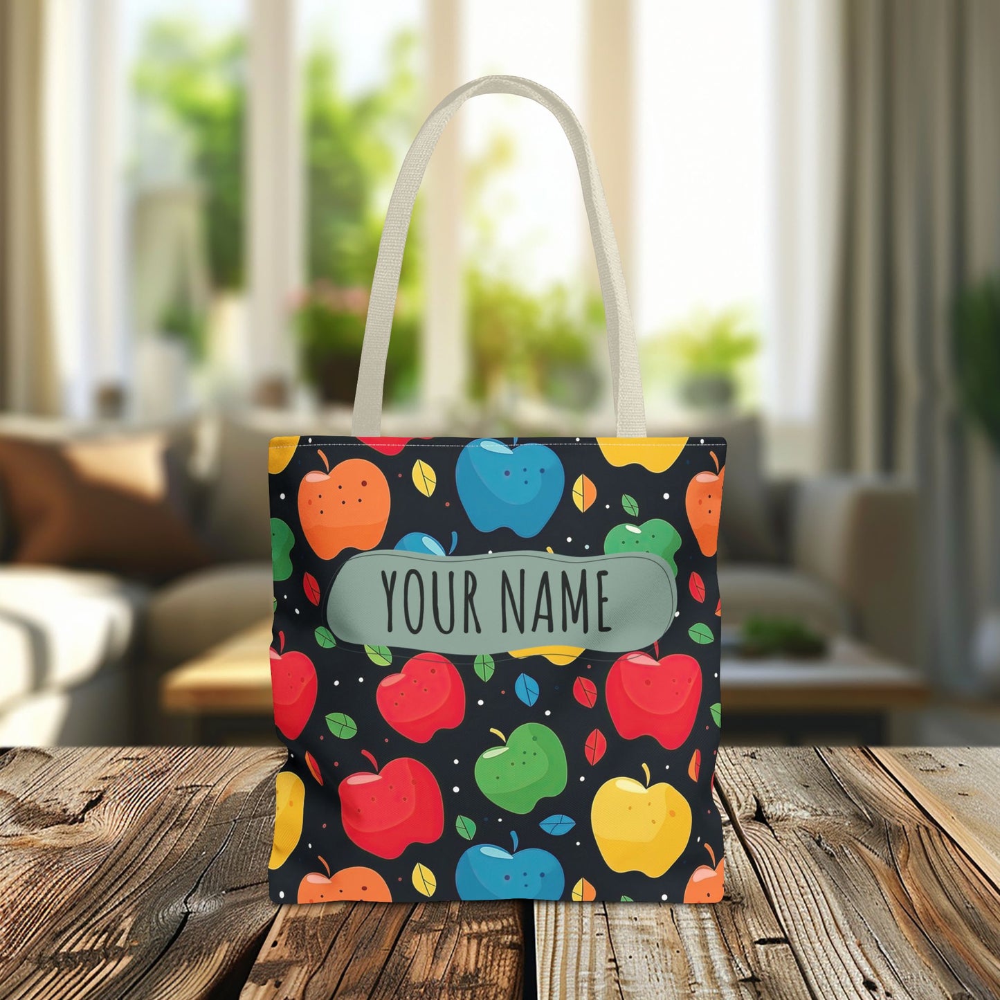 All-Over Apple Print Personalized Tote Bag — Durable Everyday Carry (3 Sizes, 5 Handle Colors)