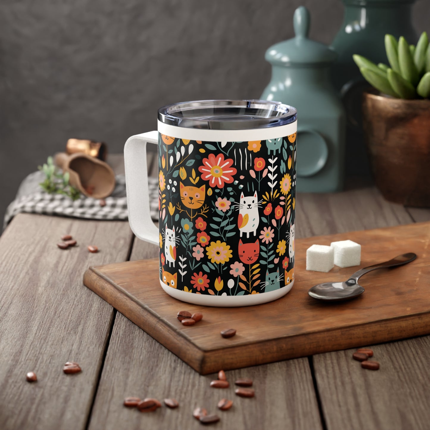 Whimsical Feline Garden Insulated Coffee Mug, 10oz