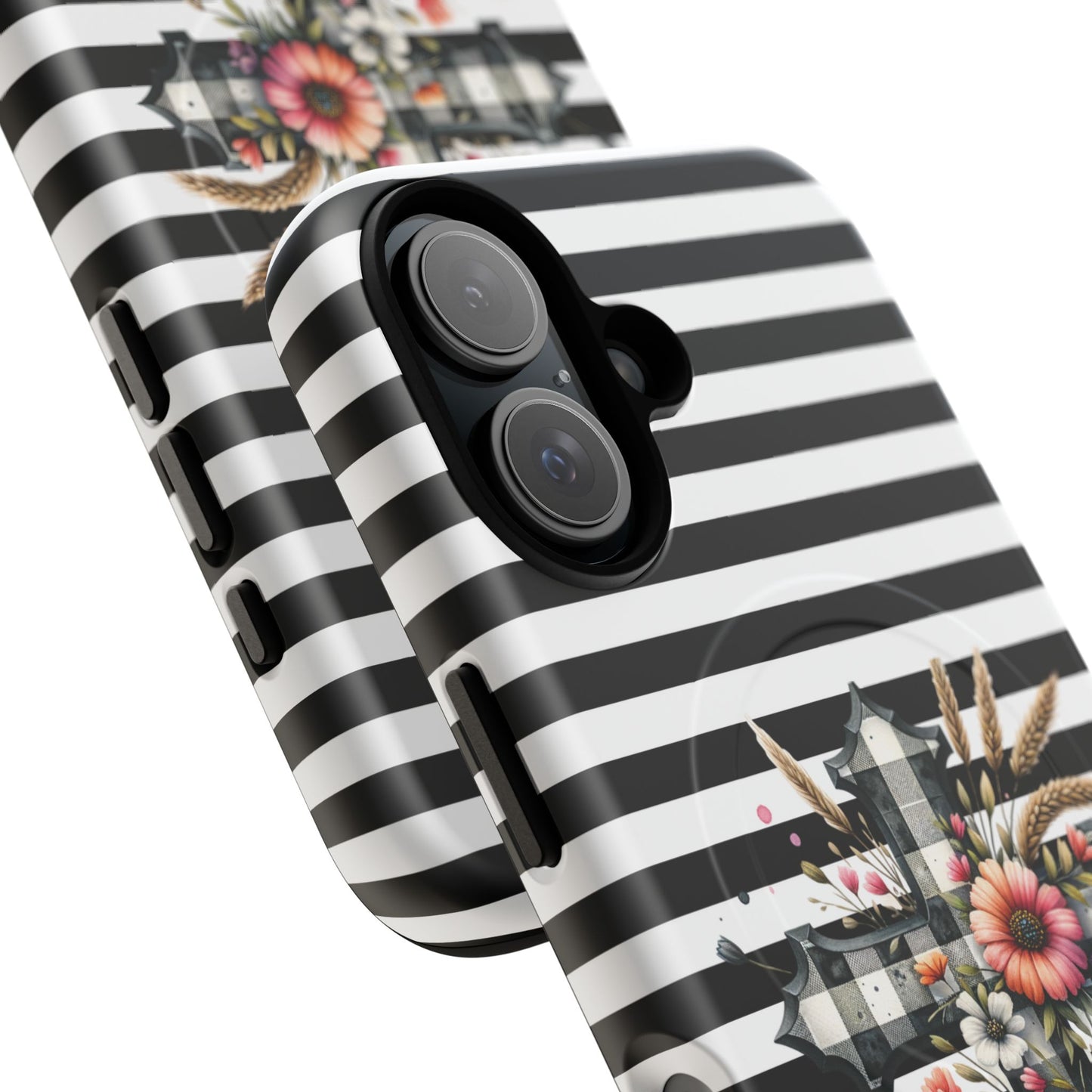 Grace in Bloom Tough Magnetic iPhone Case with Floral Cross Design, Boho iPhone Cover, Striped iPhone Case, Unique Religious Gift, Trendy Cell iPhone Accessory.