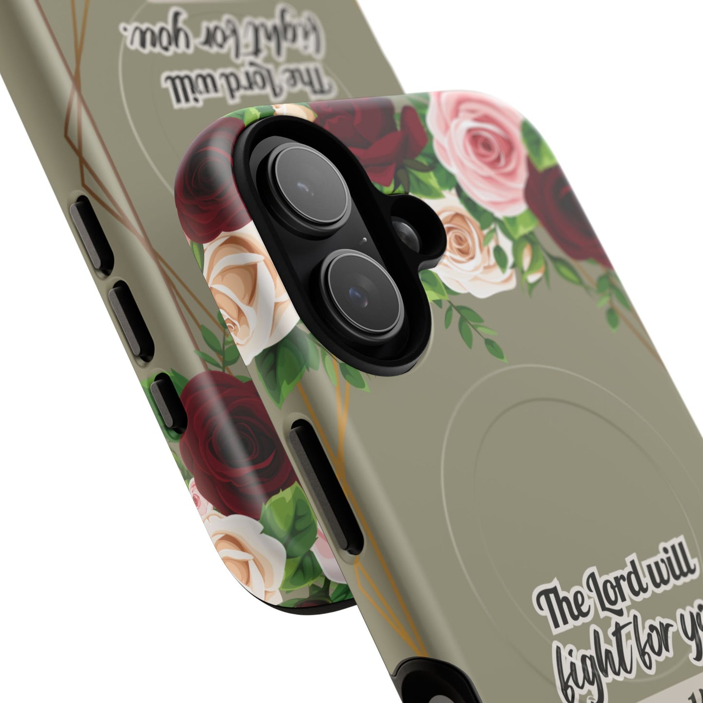 The Lord will Fight for You Exodus 14:14, Inspirational Gift, Tough iPhone Magnetic Case Scripture, Roses Bible Verse, MagSafe® iPhone® Tough Case, iPhone 14, iPhone 15, iPhone 16, Pro, Pro Max, Plus.