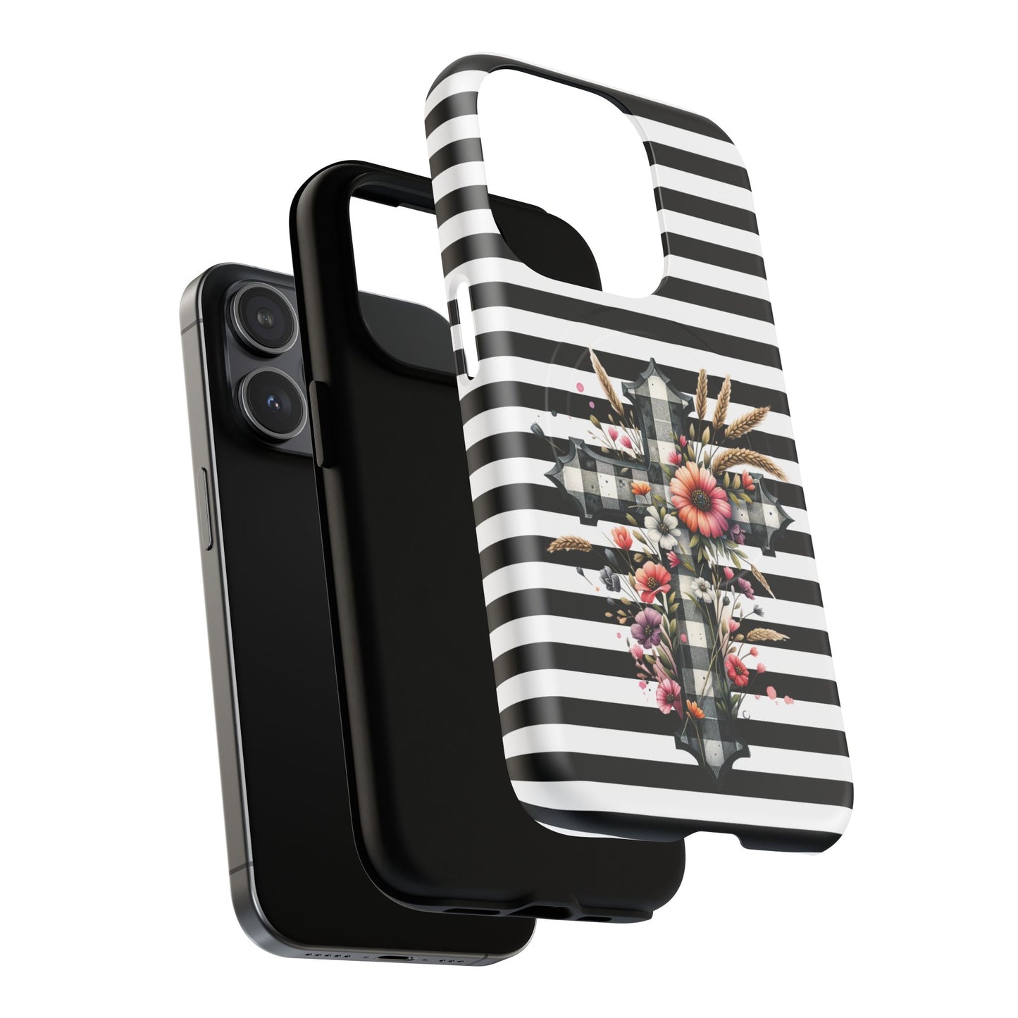Grace in Bloom Tough Magnetic iPhone Case with Floral Cross Design, Boho iPhone Cover, Striped iPhone Case, Unique Religious Gift, Trendy Cell iPhone Accessory.