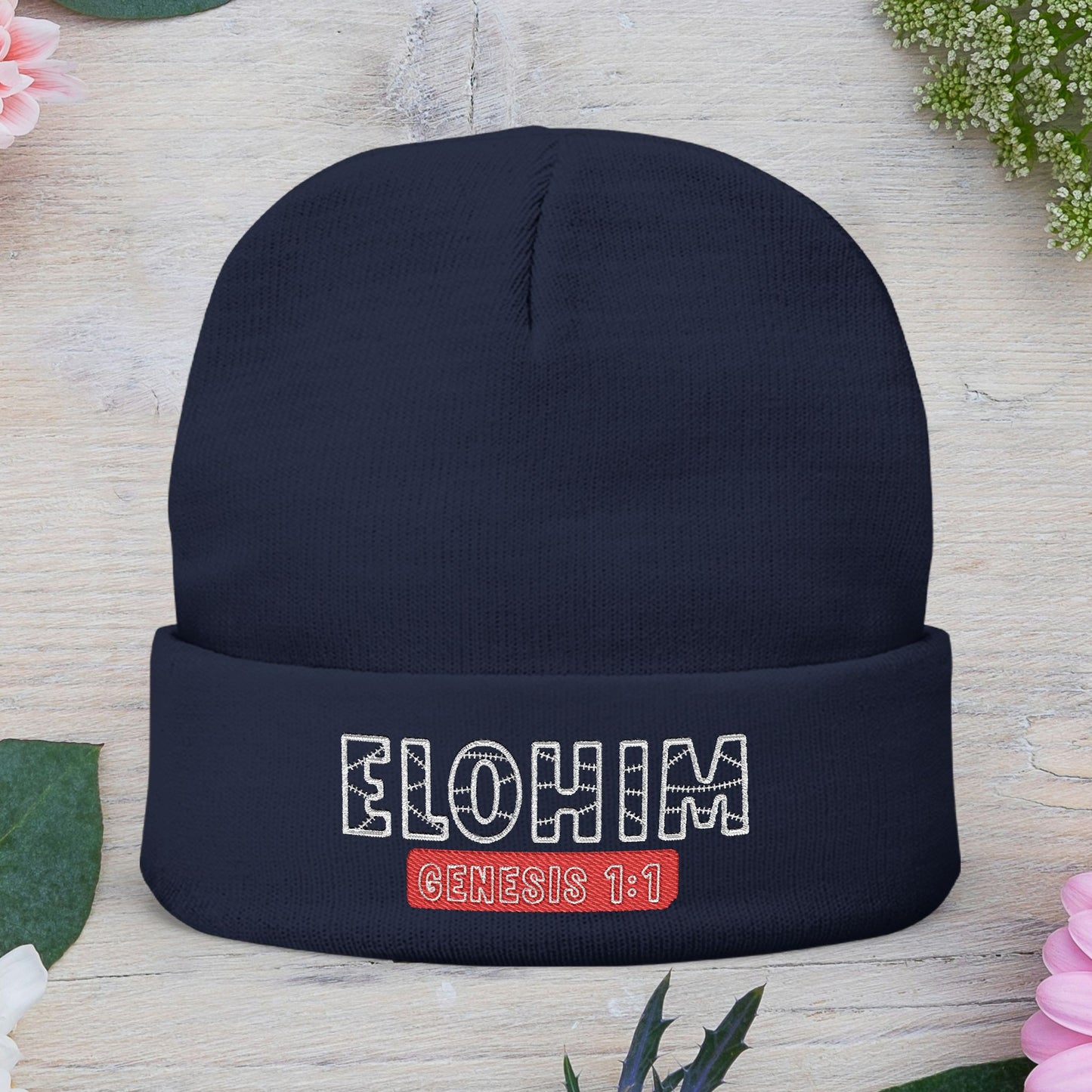 Stylish Knit Beanie with 'ELOHIM, Genesis 1:1' Embroidery, Winter Accessory, Religious Gift, Cozy Beanie Cap, Faith-Inspired Fashion