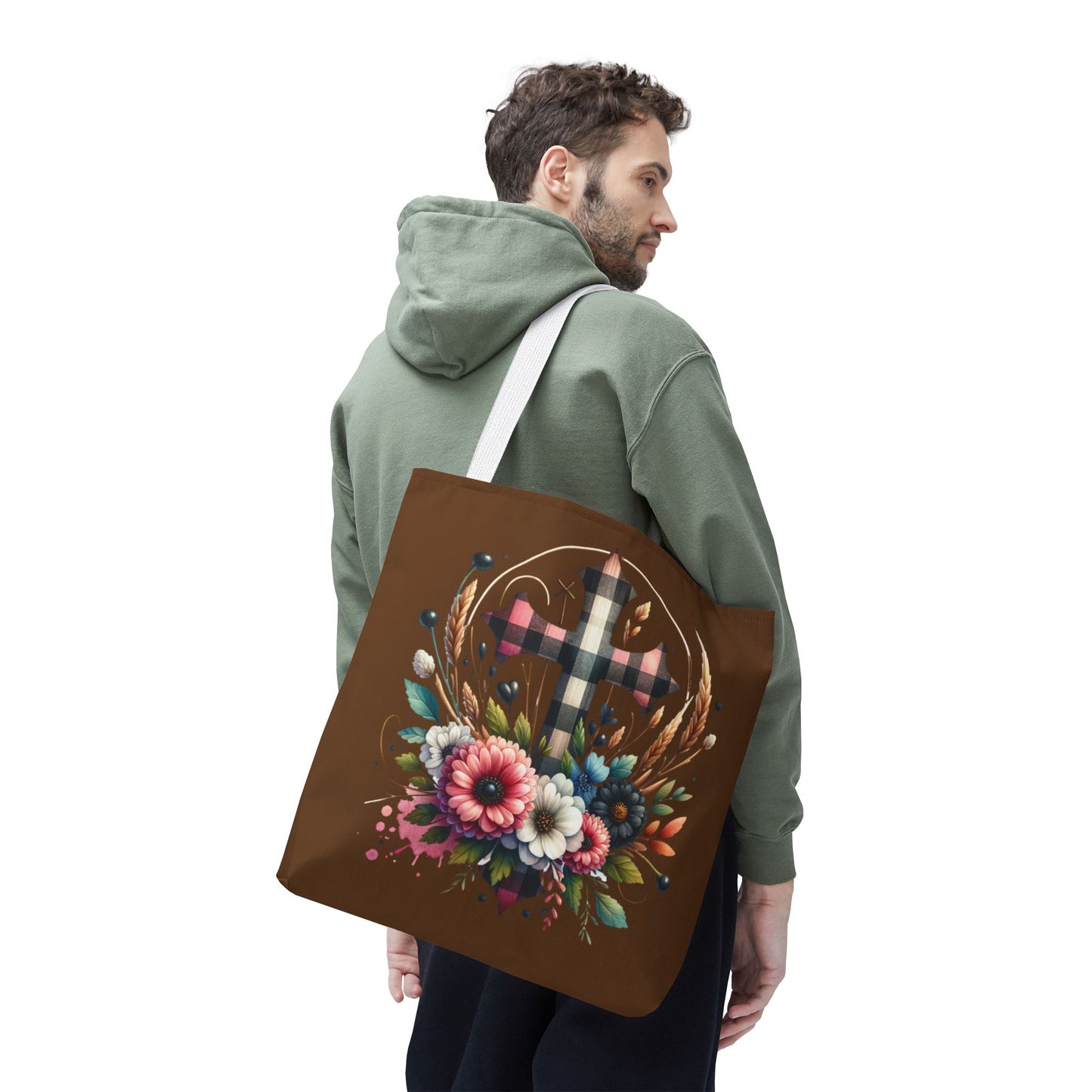 Faith and Floral Cross Heart Tote Bag