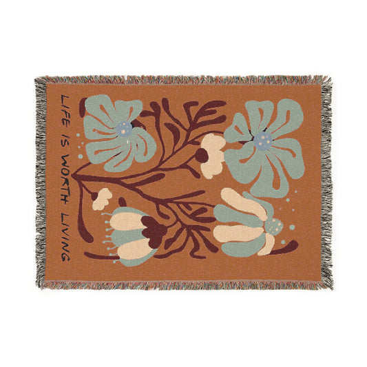 Life is Worth Living Brown Tapestry Woven Blanket