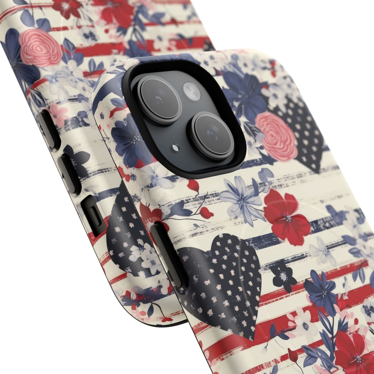 Patriotic Floral Phone Case, Tough Magnetic Cases, American Flag Design, Gift for Her, Independence Day Accessories