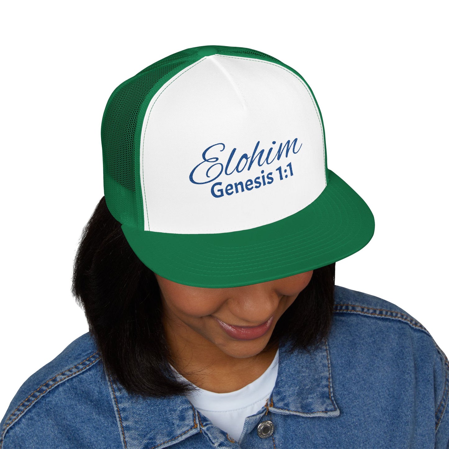 Navy 'ELOHIM, GENESIS 1:1'  Embroidered 5 Panel Trucker Cap | Casual Style Hat, Adjustable, Unisex, Perfect Gift for Outdoors, Festivals, Daily Wear