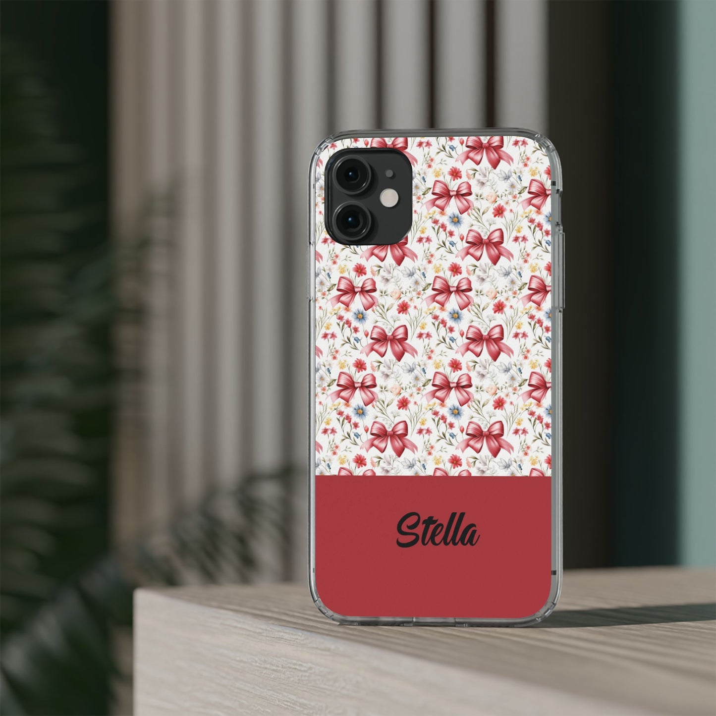 Personalized Rosette Coquette Floral Bow Clear iPhone, Samsung Cases — Custom Name Phone Cover