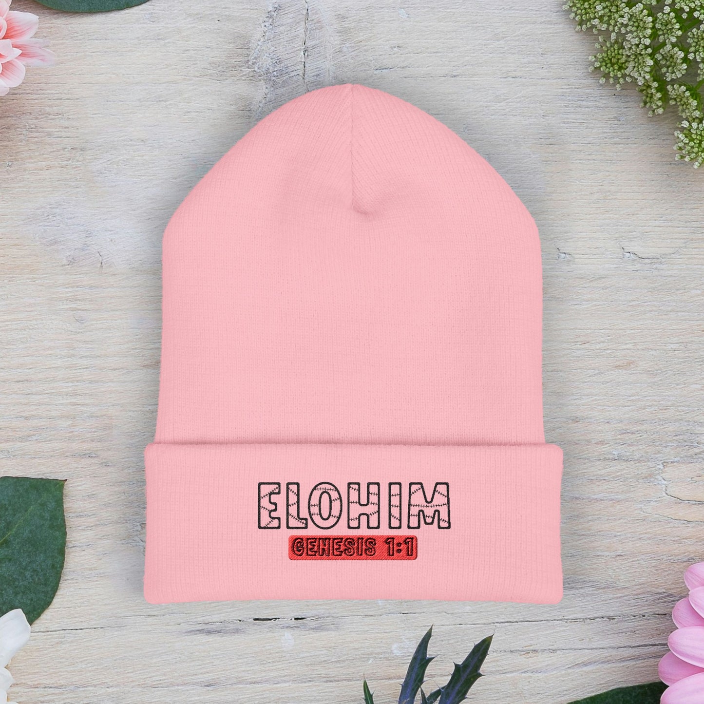 Embroidered 'ELOHIM, GENESIS 1:1' Classic Cuffed Beanie - Cozy Winter Hat, Streetwear Accessory, Personalized Gifts, Religious Apparel, Unisex Beanie