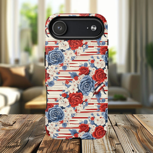 Floral Freedom Tough iPhone Magnetic Case, Red Blue Flower Design,  iPhone MagSafe® compatibility Cover, Best Gift for Her, Holiday Present
