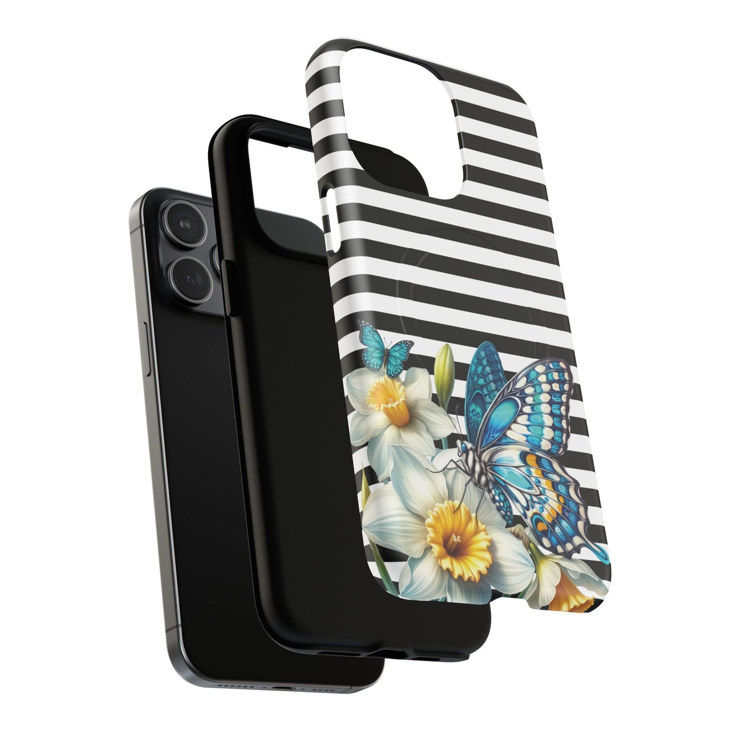 Daffodil Flutter Tough iPhone Magnetic Case, Floral iPhone Accessories, Stylish iPhone Cover, Black Striped Design, Gift for Her, Trendy iPhone
