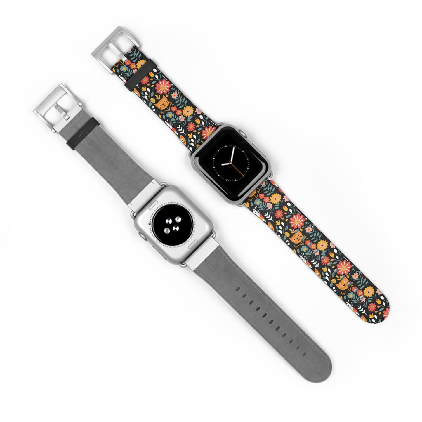 Whimsical Feline Garden Print Watch Band for Apple Watch - Cute Animal Design.