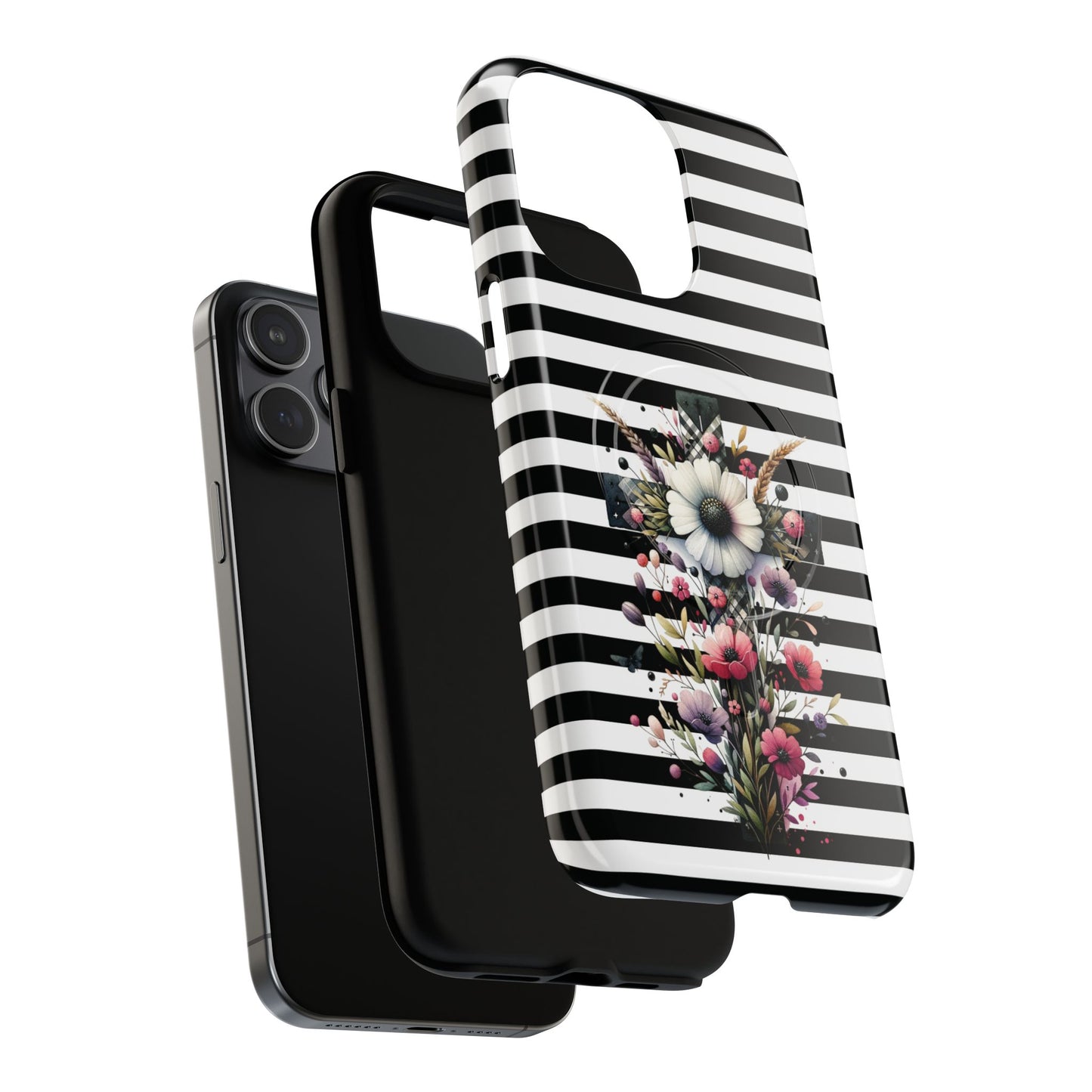 Faith in Bloom Tough iPhone Magnetic Case, iPhone Accessories, Floral iPhone Cover, Durable Cases for Gifts, Black and White Stripes