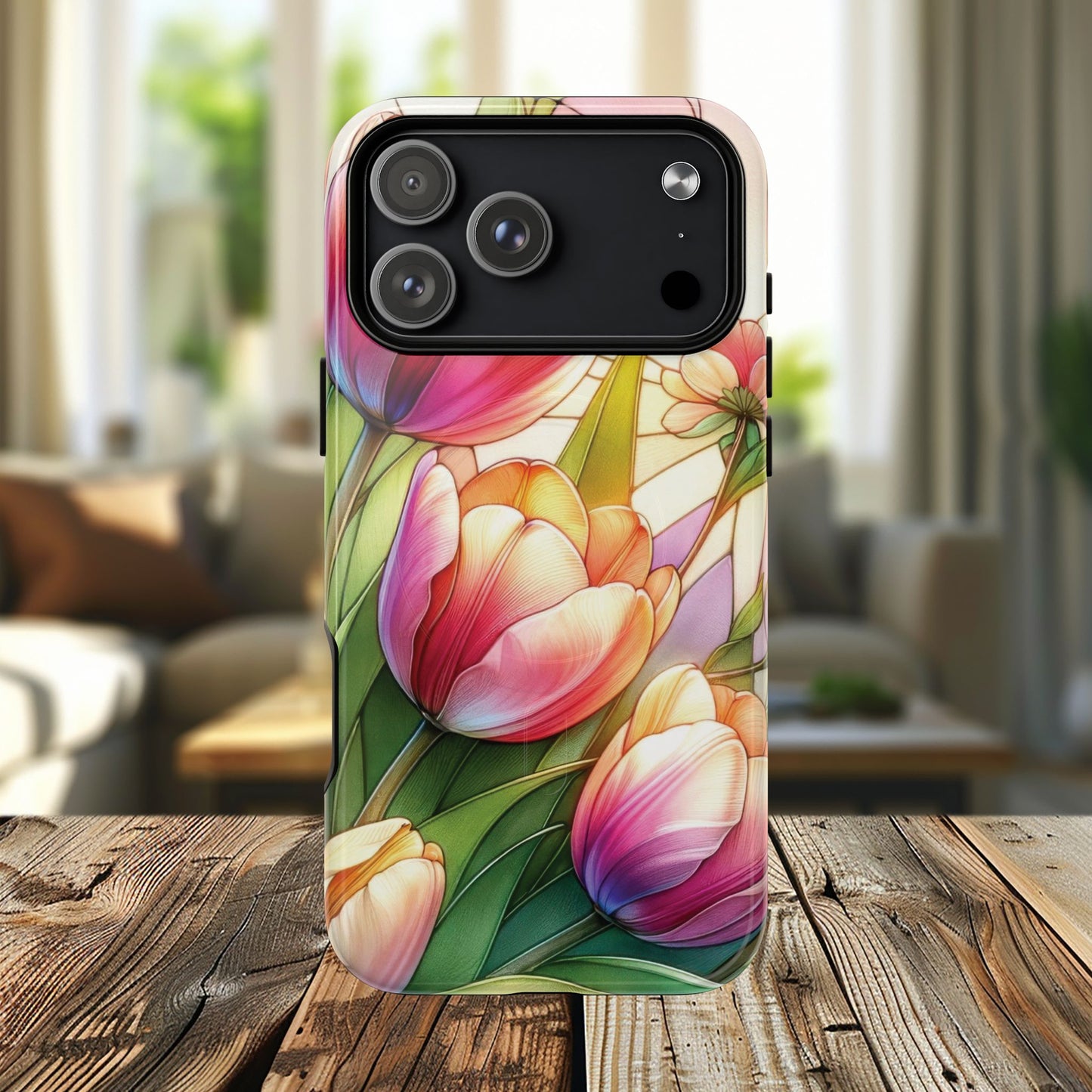 Tulip Glow Tough iPhone Magnetic Case, Floral Design, Spring Gift, Durable Protection, Smartphone Accessories, MagSafe Accessories, Stained Glass Tulip Gift