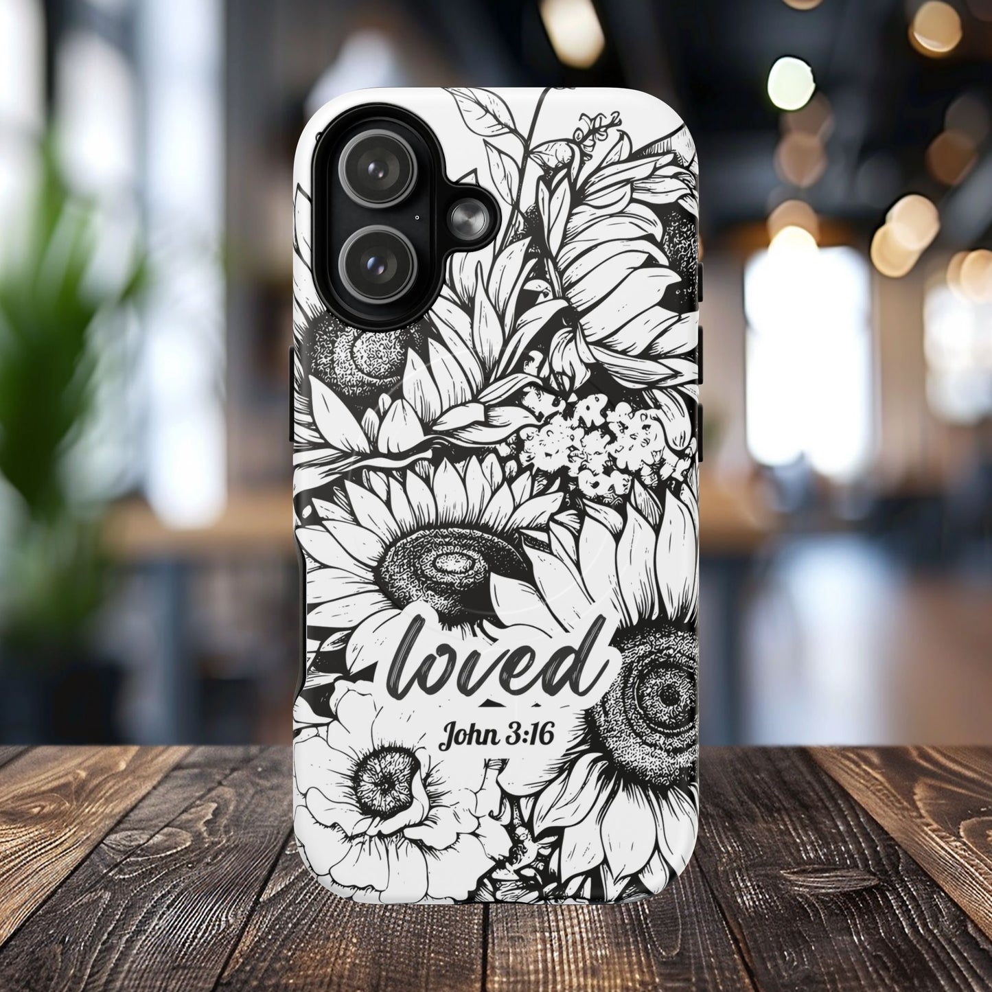 Loved John 3:16, Inspirational Gift, Tough iPhone Magnetic Case Scripture, Sunflower Bible Verse, MagSafe® iPhone® Tough Case, iPhone 14, iPhone 15, iPhone 16, Pro, Pro Max, Plus