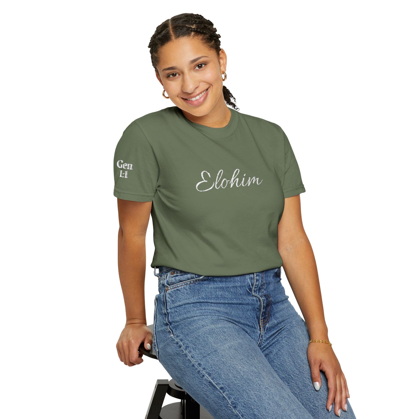 Embroidery 'ELOHIM, GENESIS 1:1' - Faith-Based Unisex Garment-Dyed Comfort Colors T-shirt, Faith Gift Tee, Religious Tee, Embroidery Tee.