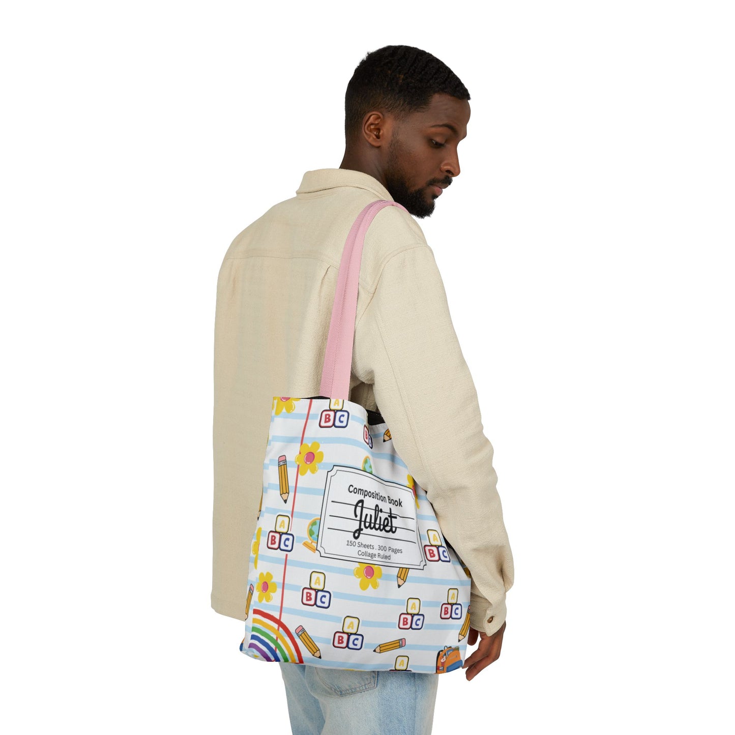 Personalized White Schoolyard Chic Composition Book Inspired Canvas Tote Bag with Colorful Straps, Cute School Bag, Eco-Friendly Tote, Back to School Shopping Bag, Teacher Gift Idea