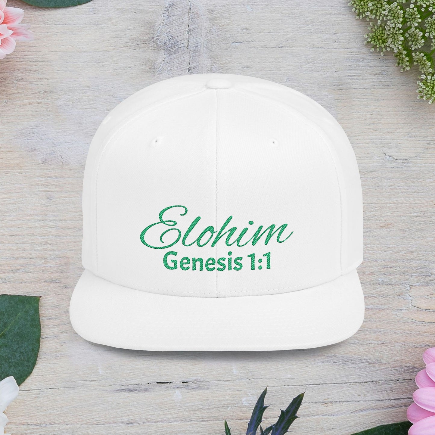 Green Elohim, Genesis 1:1 Snapback Cap - Faith-Inspired Flat Bill Hat, Baseball Hat, Perfect for Gifts, Daily Wear, Spiritual Events.