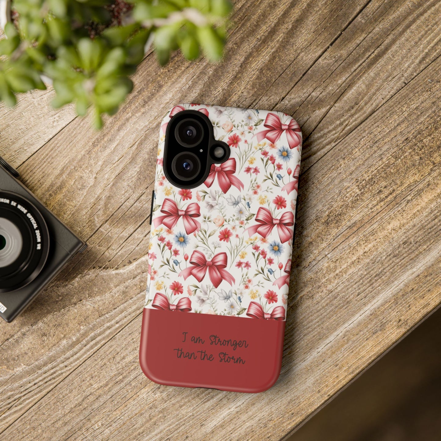 Personalized Rosette Coquette Phone Case - Custom Name/Message 'I Am Stronger Than The Storm' Floral Bow Protective Case
