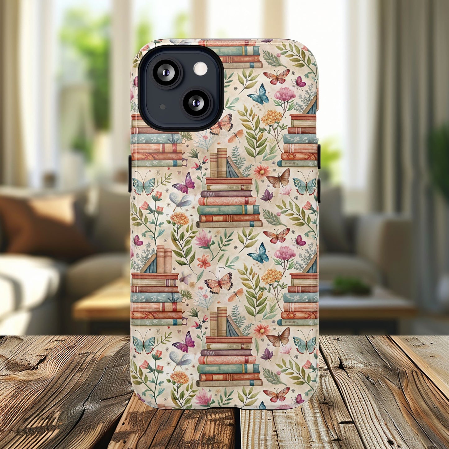 Colorful Bookworm Tough Magnetic iPhone Case,  Floral Butterfly Print, Gift for Readers, Tough IPhone Protective Cover, Bookish iPhone Case.