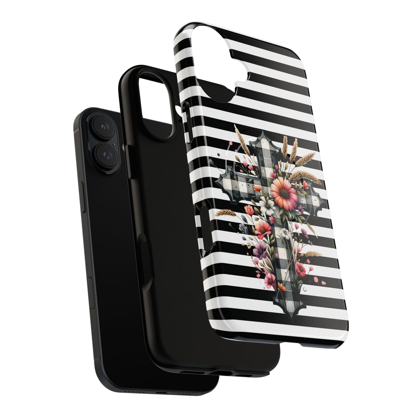 Grace in Bloom Tough Magnetic iPhone Case with Floral Cross Design, Boho iPhone Cover, Striped iPhone Case, Unique Religious Gift, Trendy Cell iPhone Accessory.