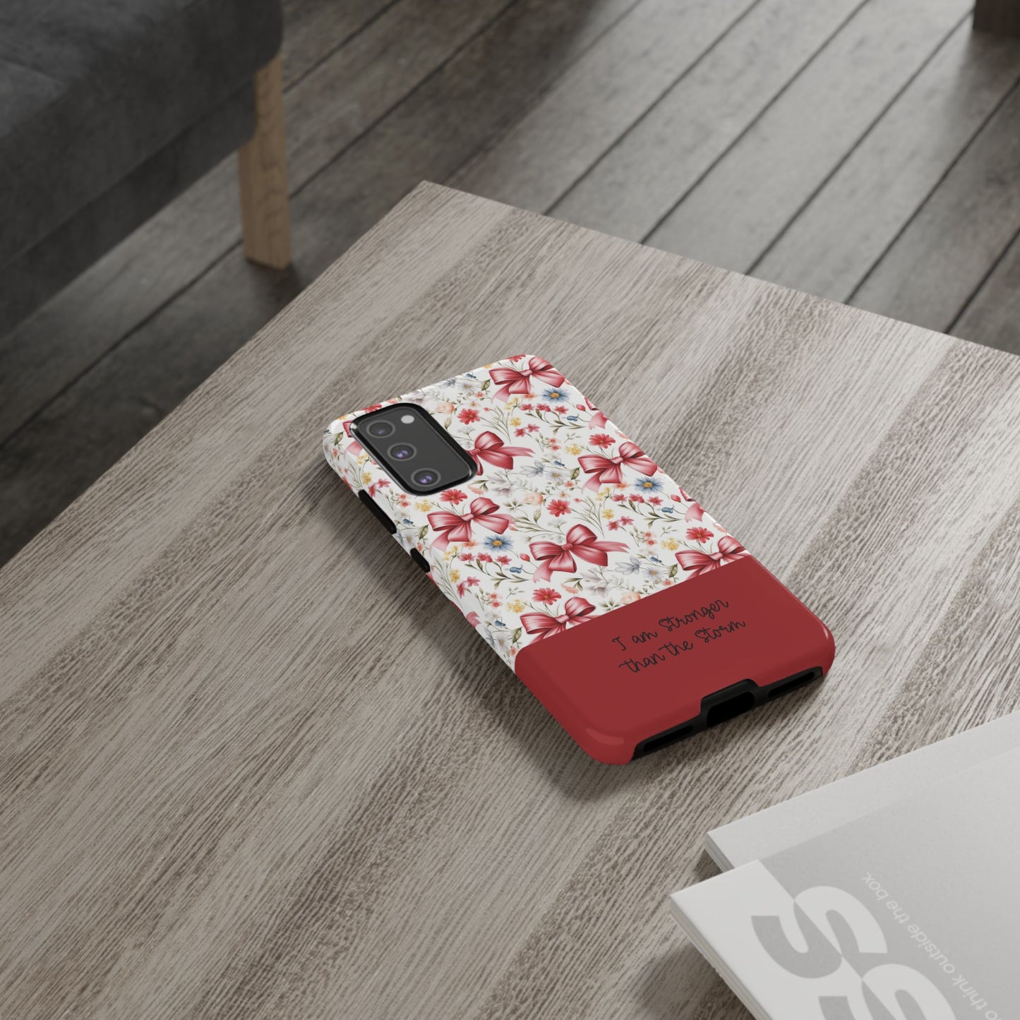 Personalized Rosette Coquette Phone Case - Custom Name/Message 'I Am Stronger Than The Storm' Floral Bow Protective Case