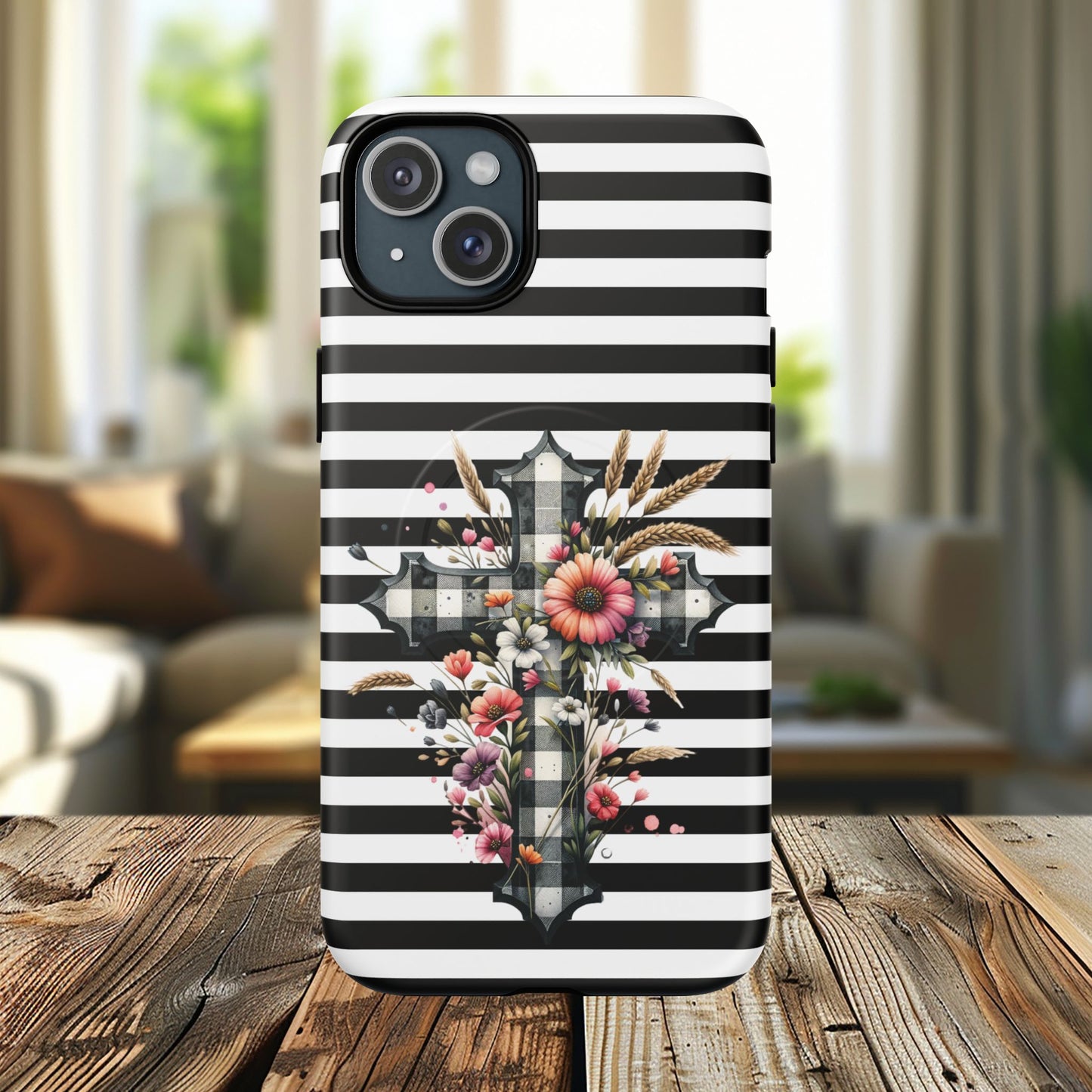Grace in Bloom Tough Magnetic iPhone Case with Floral Cross Design, Boho iPhone Cover, Striped iPhone Case, Unique Religious Gift, Trendy Cell iPhone Accessory.