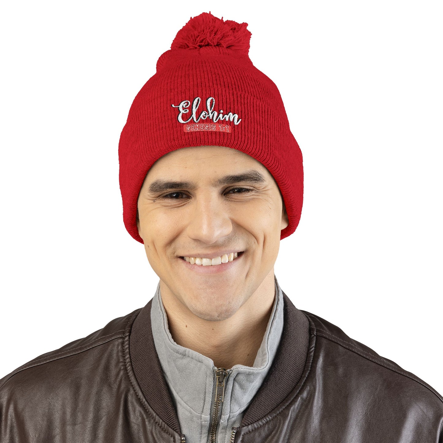 Pom-Pom Knit Cap with 'ELOHIM, GENESIS 1:1'  Embroidery Beanie - Stylish Winter Accessory for All Ages, Perfect Gift for Birthdays, Holidays, and Outdoor Activities