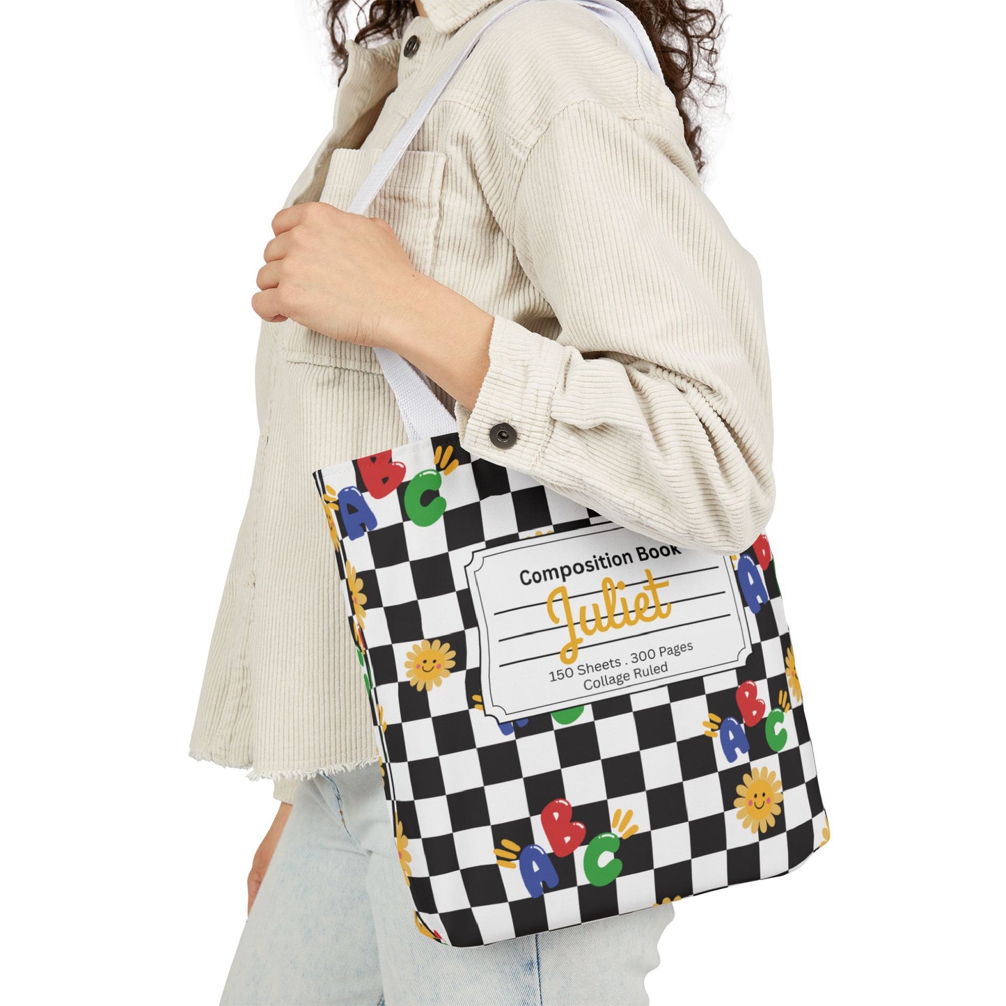 Personalized Schoolyard Chic Composition Book Inspired Canvas Tote Bag with Colorful Straps, Cute School Bag, Eco-Friendly Tote, Back to School Shopping Bag, Teacher Gift Idea