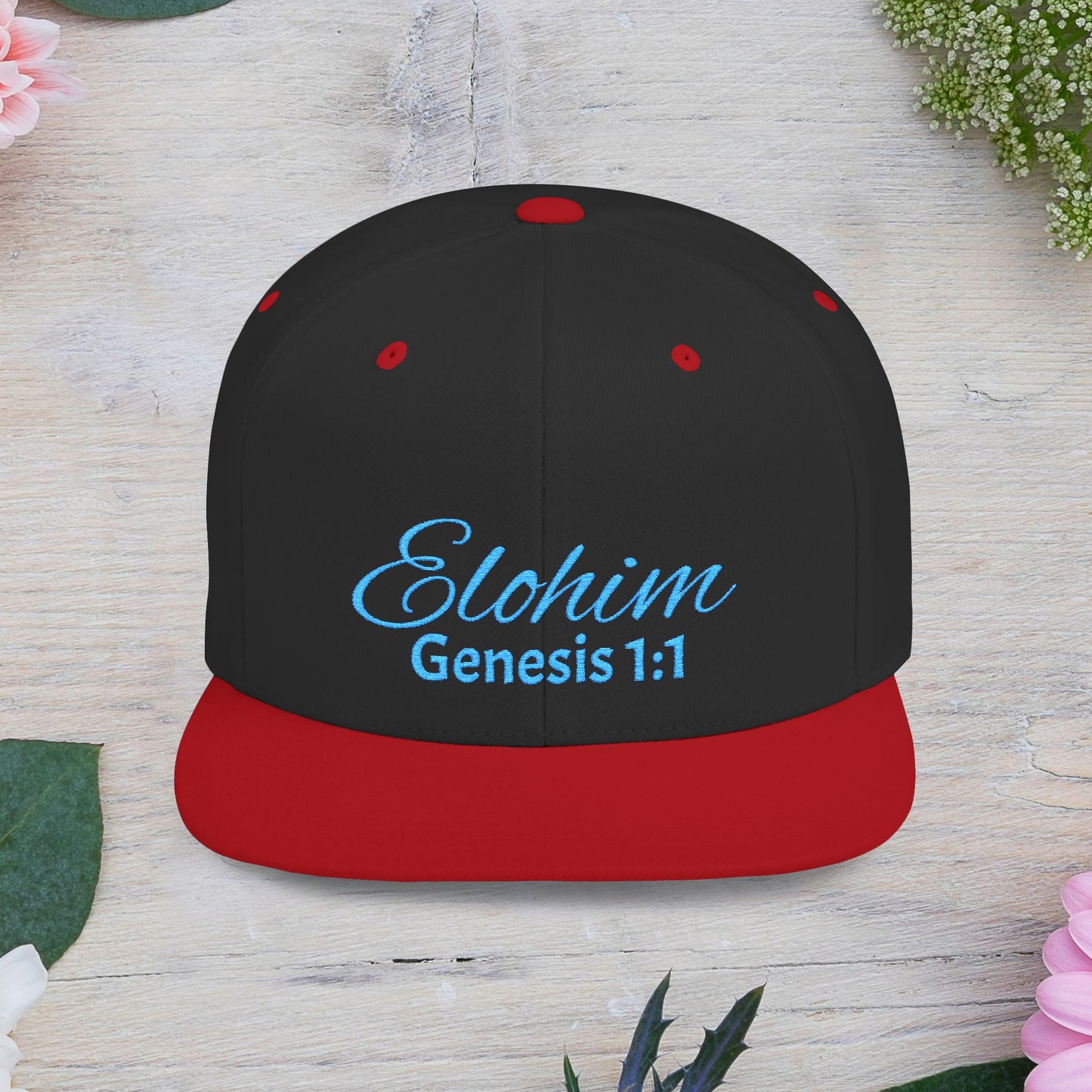 Teal Embroidery 'ELOHIM, GENESIS 1:1' Flat Bill Snapback Hat, Stylish Cap for Everyday Wear, Church Events, Gift for Him/Her, Streetwear Accessory, Casual Fashion