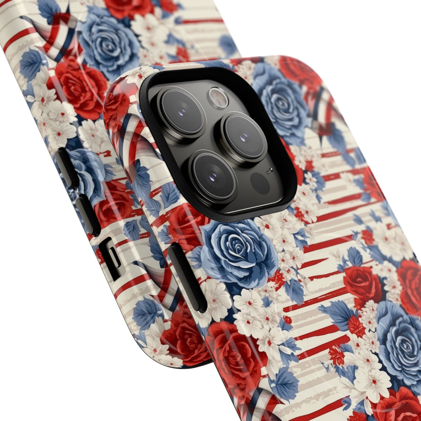 Floral Freedom Tough iPhone Magnetic Case, Red Blue Flower Design,  iPhone MagSafe® compatibility Cover, Best Gift for Her, Holiday Present