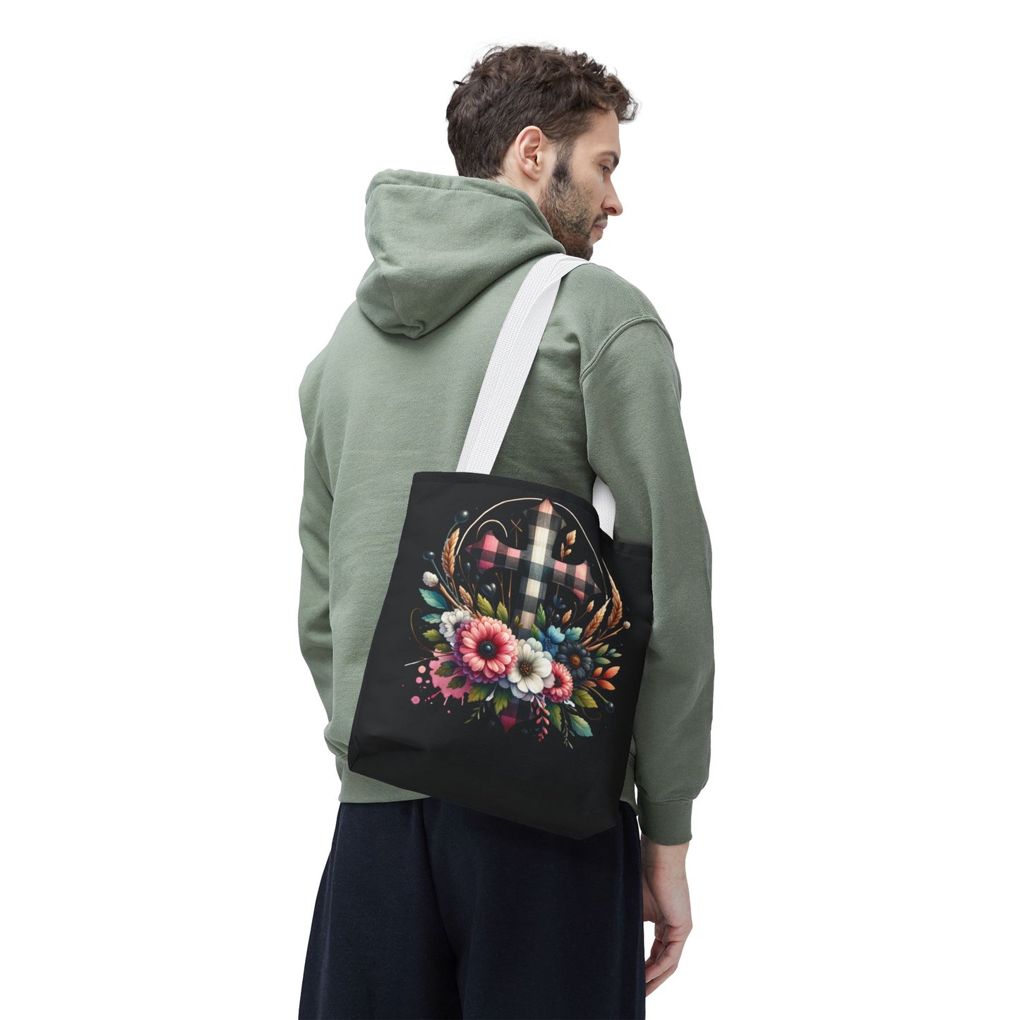 Faith and Floral Cross Heart Tote Bag