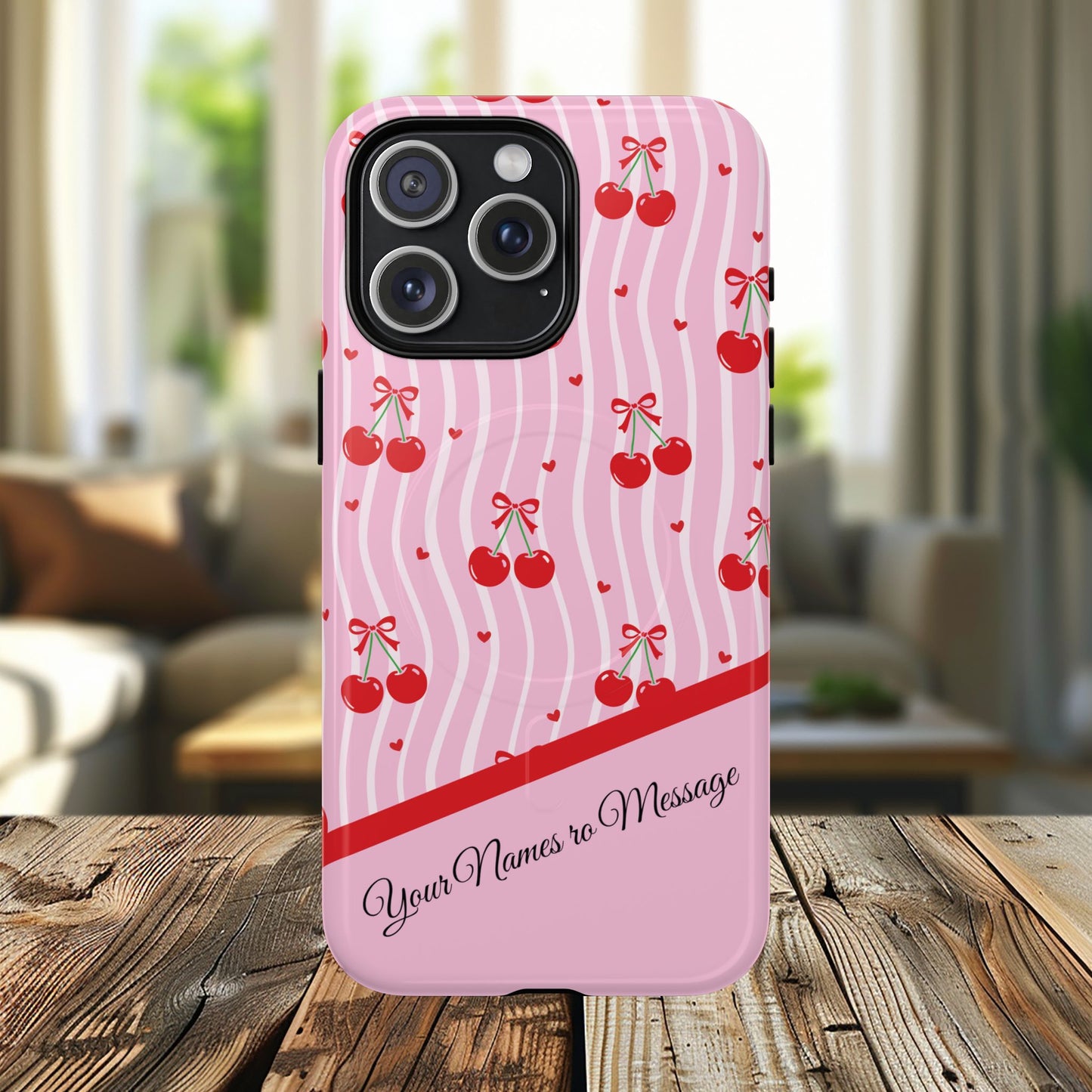 Personalized Cherry Blossom Dreams Tough Magnetic MagSafe® iPhone® 13, 14, 15, 16, 17, Pro, Pro Max, Plus Cases.— Pink Retro (Custom Name)
