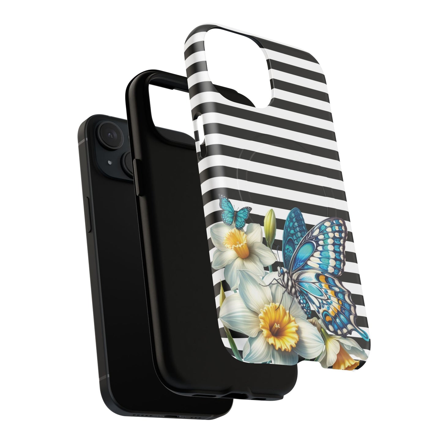 Daffodil Flutter Tough iPhone Magnetic Case, Floral iPhone Accessories, Stylish iPhone Cover, Black Striped Design, Gift for Her, Trendy iPhone