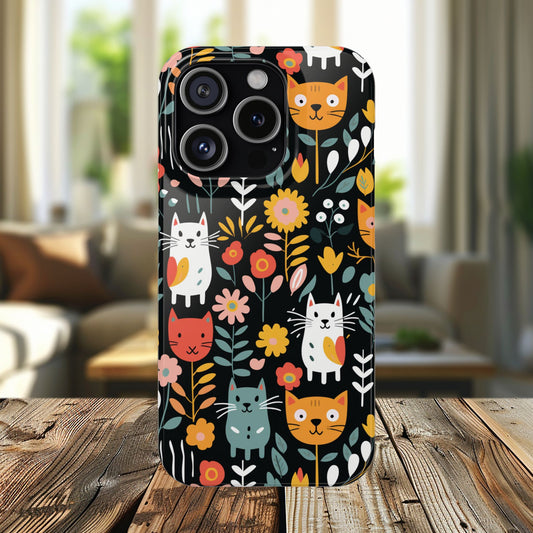 Whimsical Feline Garden iPhone Case — Slim Floral Cat Design (Matte or Glossy) for iPhones.