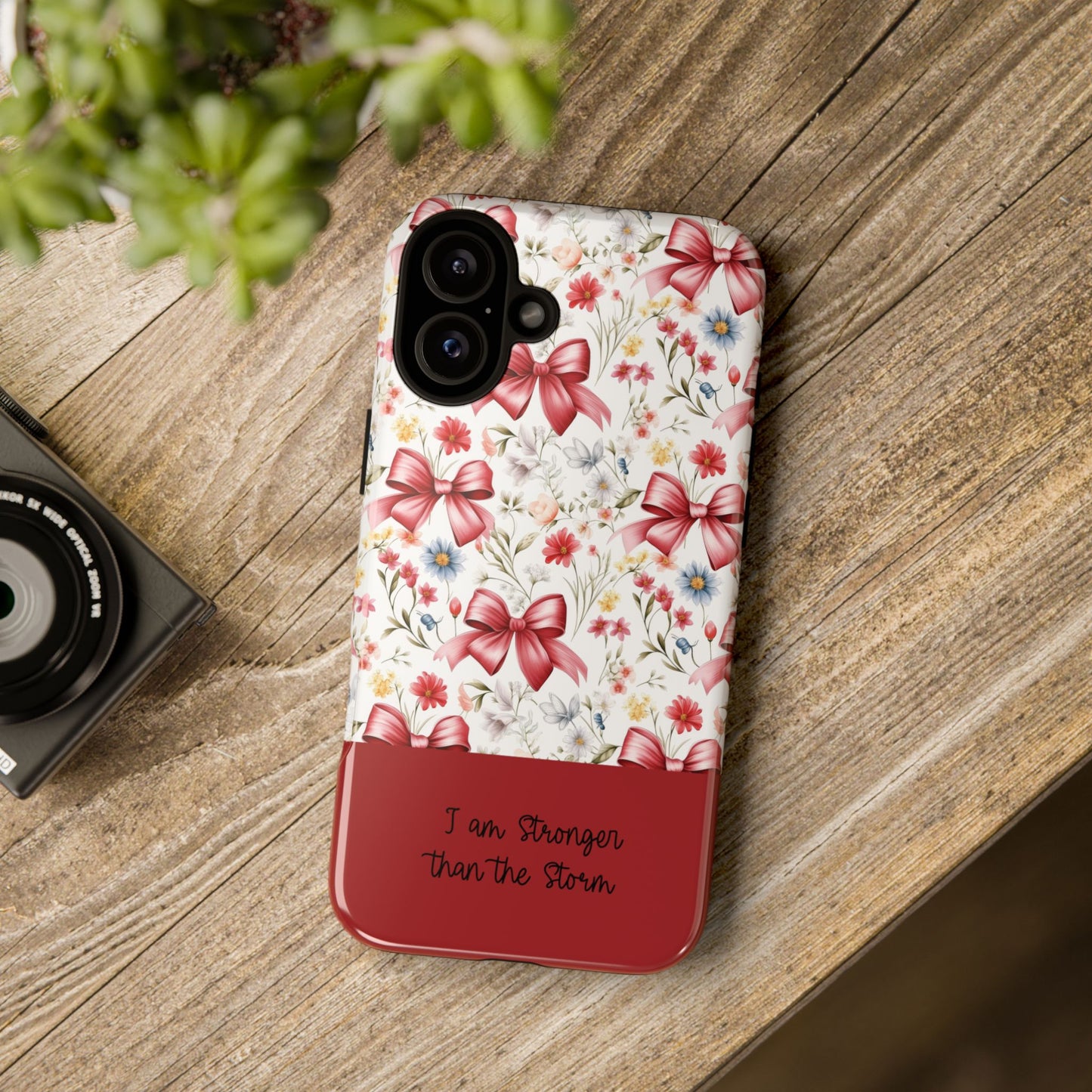 Personalized Rosette Coquette Phone Case - Custom Name/Message 'I Am Stronger Than The Storm' Floral Bow Protective Case