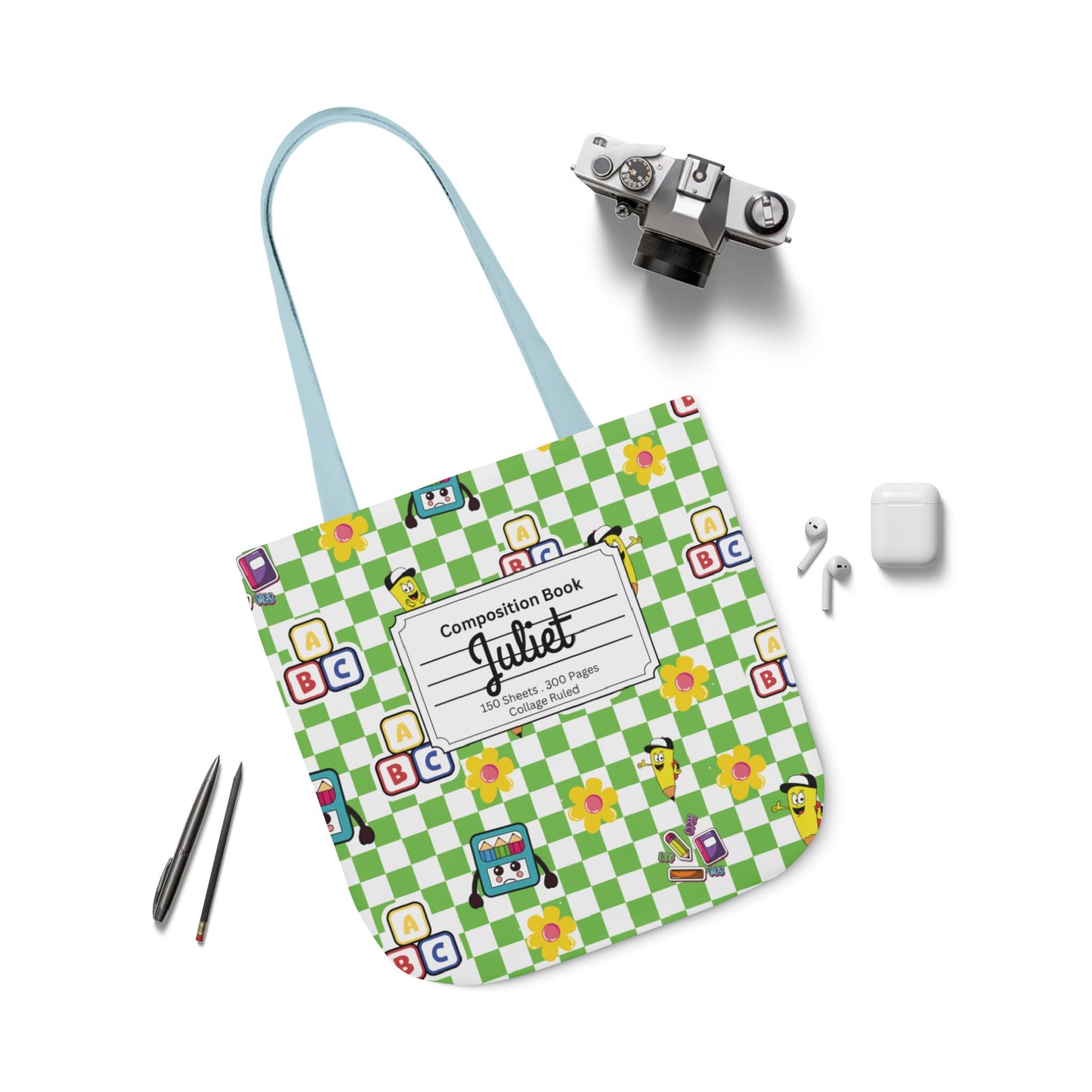 Personalized Green Schoolyard Chic Composition Book Inspired Canvas Tote Bag with Colorful Straps, Cute School Bag, Eco-Friendly Tote, Back to School Shopping Bag, Teacher Gift Idea