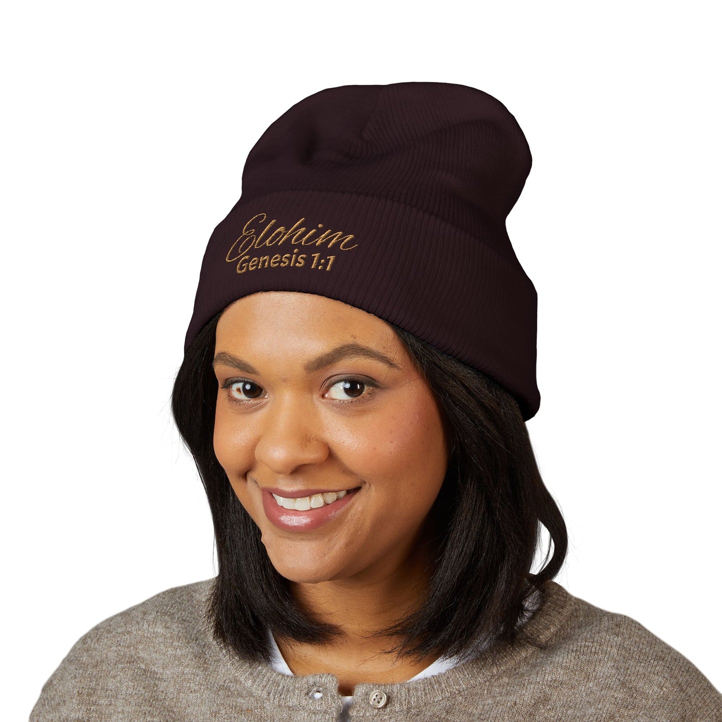 Brown Embroidered 'ELOHIM, GENESIS 1:1' Classic Cuffed Beanie - Cozy Winter Hat, Streetwear Accessory, Personalized Gifts, Religious Apparel, Unisex Beanie