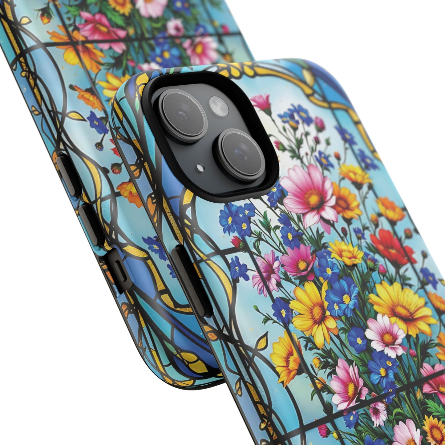 Floral Stained Glass Tough Magnetic Case, Durable Phone Cover, Gift for Nature Lovers, Unique Floral Design, Phone Accessories for All Occasions.