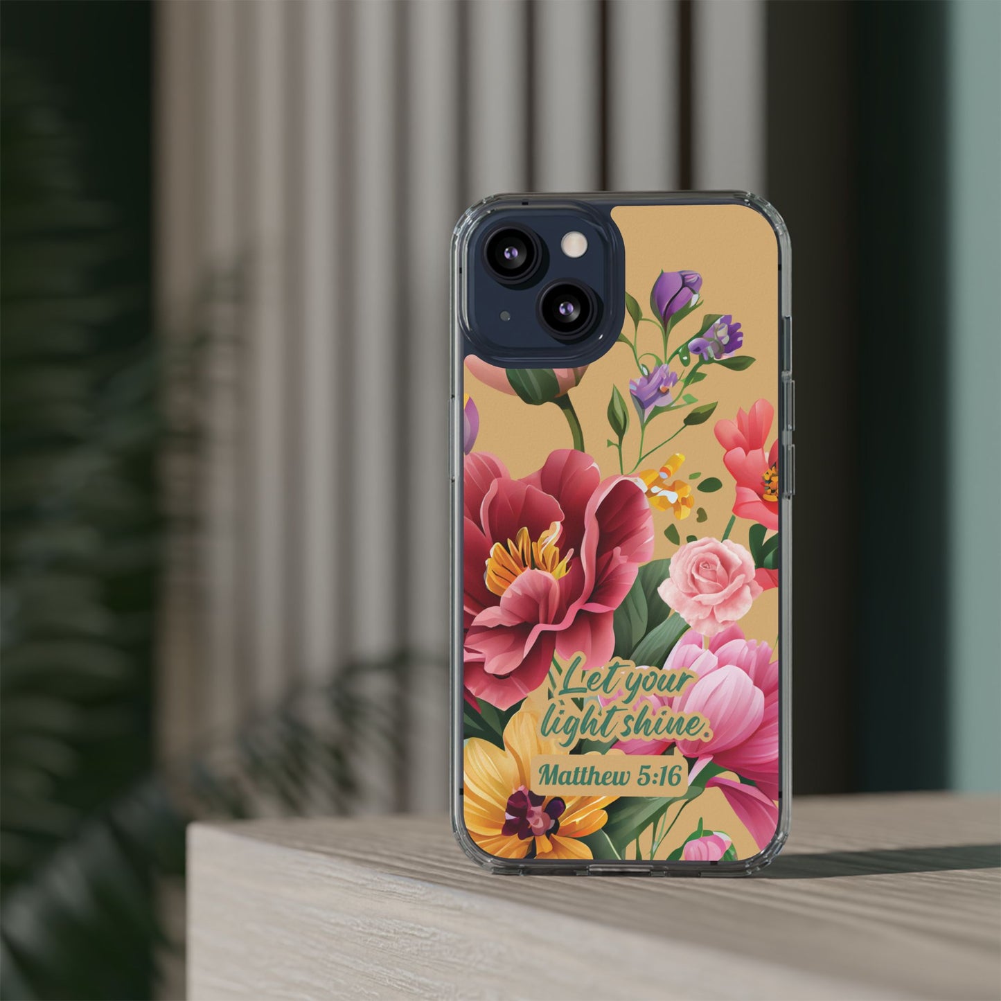 Clear Floral Bible Verse Phone Case — "Let Your Light Shine" (Matthew 5:16) for iPhone and Samsung Cases.
