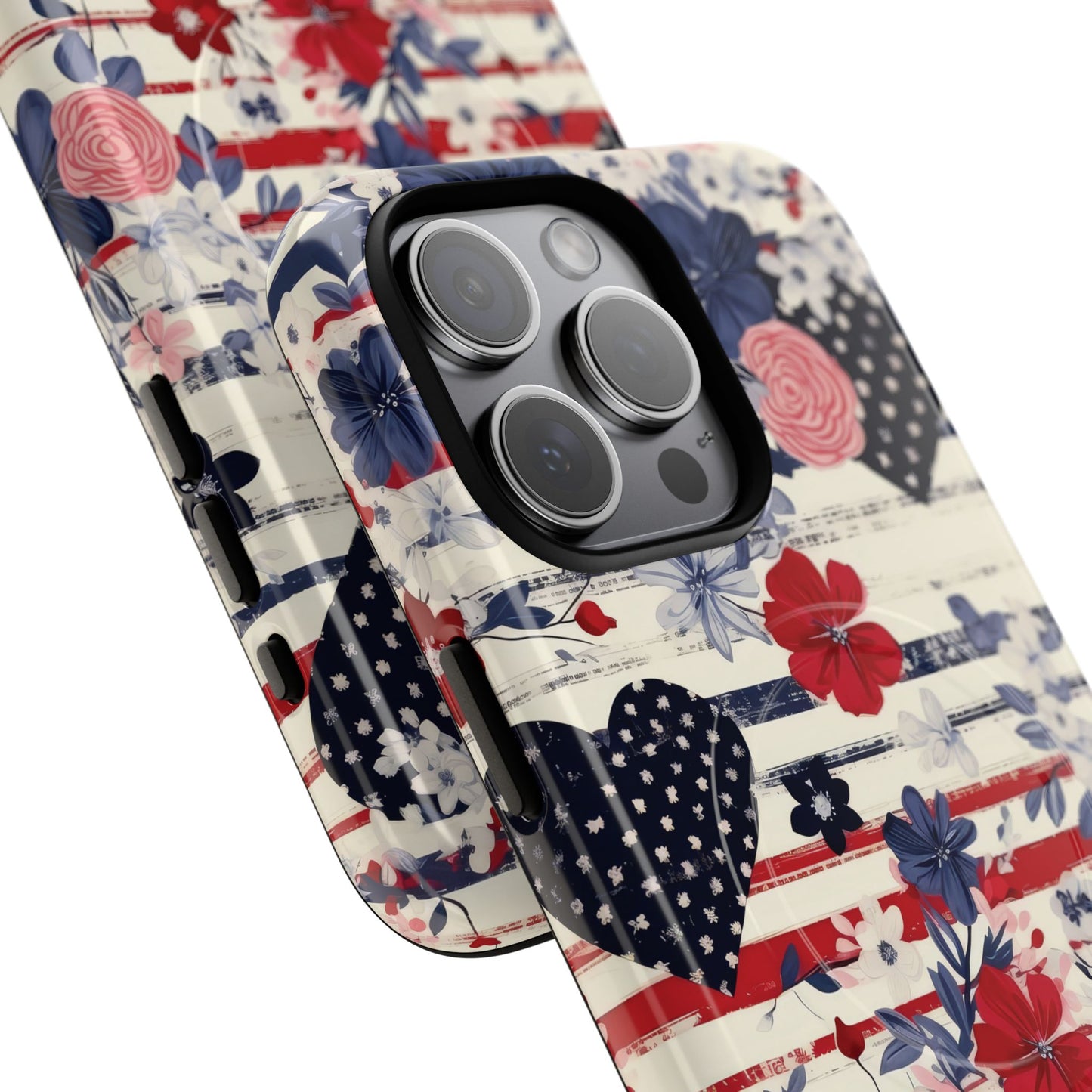 Patriotic Floral Phone Case, Tough Magnetic Cases, American Flag Design, Gift for Her, Independence Day Accessories