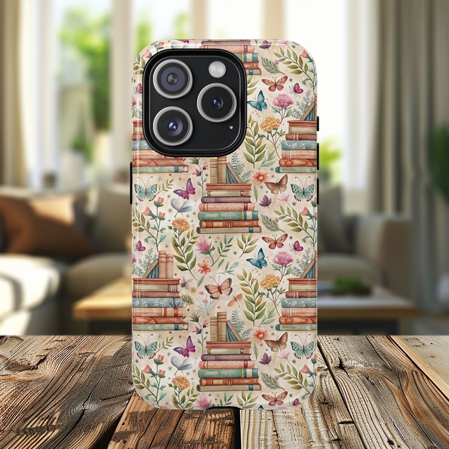 Colorful Bookworm Tough Magnetic iPhone Case,  Floral Butterfly Print, Gift for Readers, Tough IPhone Protective Cover, Bookish iPhone Case.