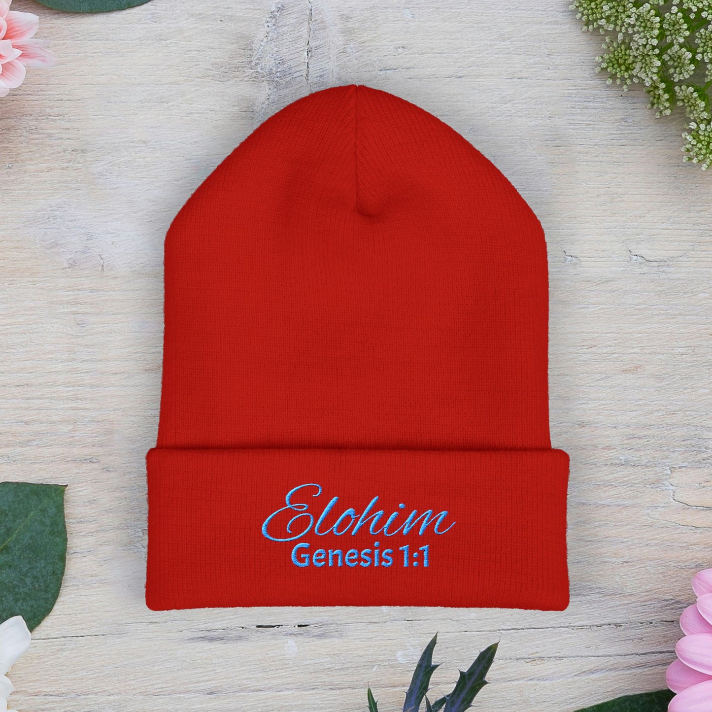 Teal Embroidered 'ELOHIM, GENESIS 1:1' Classic Cuffed Beanie - Cozy Winter Hat, Streetwear Accessory, Personalized Gifts, Religious Apparel, Unisex Beanie