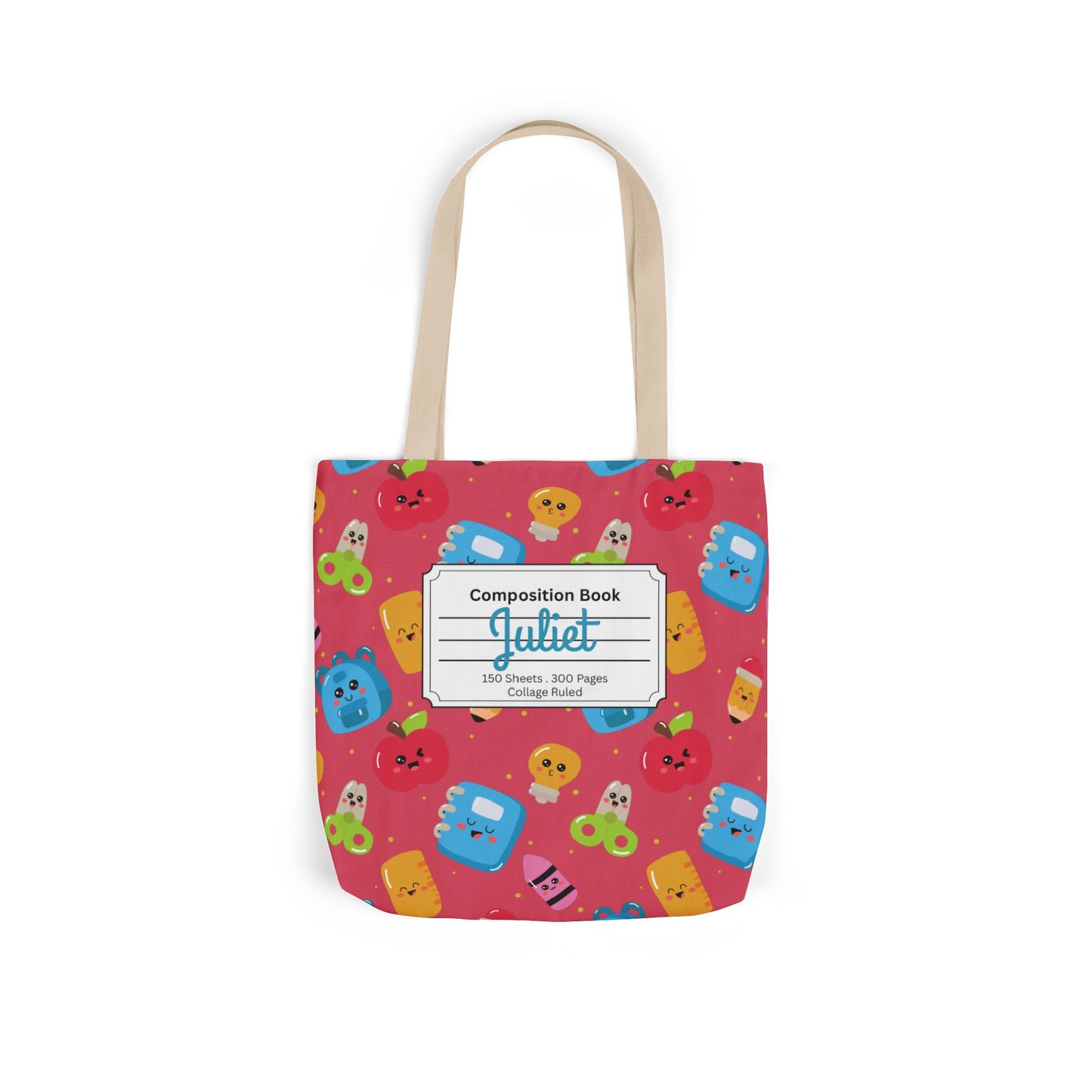 Personalized Kawaii Composition Book Inspired Canvas Tote Bag with Colorful Straps, Cute School Bag, Eco-Friendly Tote, Back to School Shopping Bag, Teacher Gift Idea
