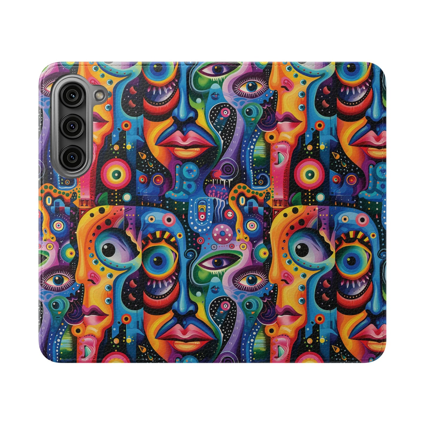 Psychedelic Visions Vibrant Art Flip iPhone and Samsung Phone Case - Colorful Faces Design for Phone Protection