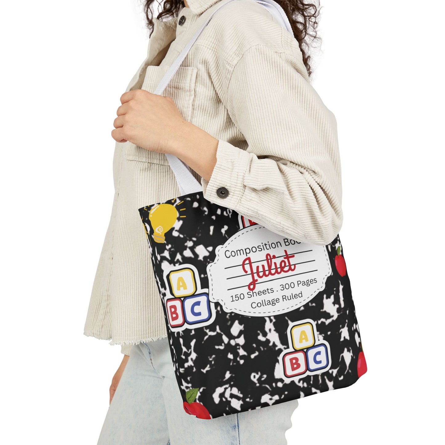 Personalized Black Composition Book Inspired Canvas Tote Bag with Colorful Straps, Cute School Bag, Eco-Friendly Tote, Back to School Shopping Bag, Teacher Gift Idea