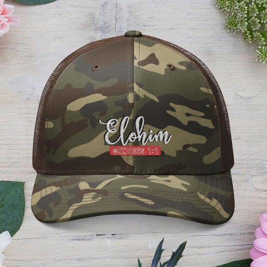 Camouflage Embroidered Trucker Hat with 'ELOHIM, GENESIS 1:1', Casual Style Hat, Adjustable, Unisex, Perfect Gift for Outdoors, Festivals, Daily Wear.