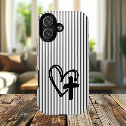 Tough Magnetic Phone Case with Heart & Cross Design, Durable Phone Cover, Unique Gift for Her, Stylish Accessory, Everyday Use