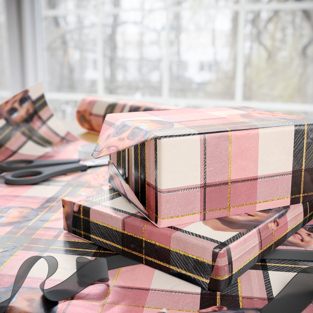 Personalized Image Plaid Wrapping Paper Roll — Pink Tartan Gift Wrap